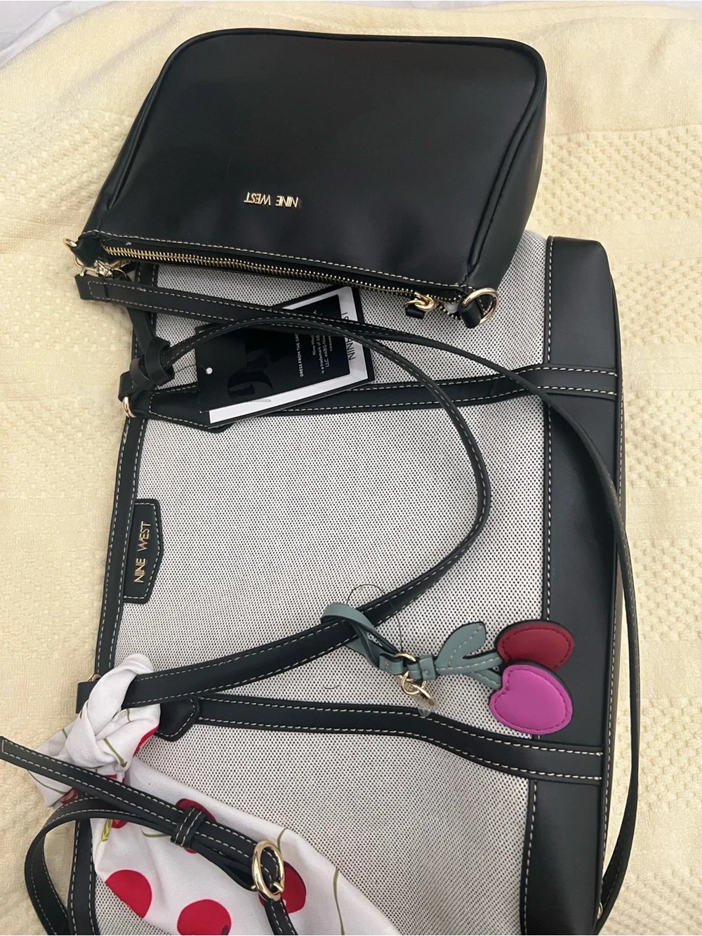 Nine West Black and White Canvas Tote with Cherry Scarf Accent